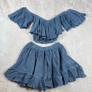 R2 Blue Gauze Cotton Two Piece Set Off Shoulder Top & Skirt Size S Boho